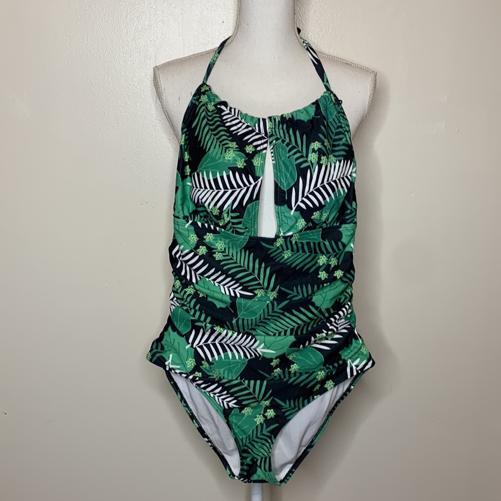 B2 PRITY One Piece Swimsuit Green & White Tropical Leaf Halter Tummy Ruched Med